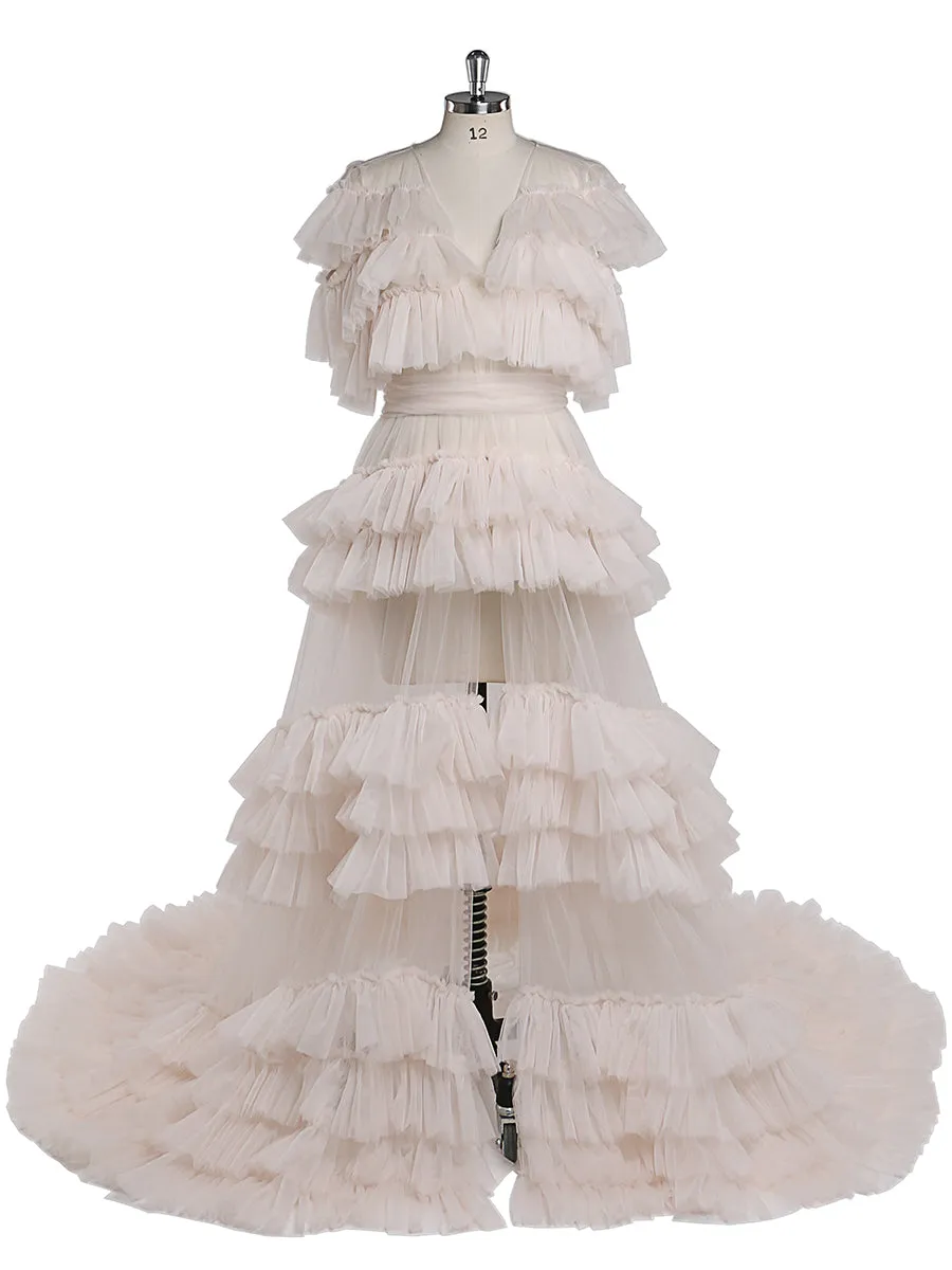 Ruffles Evening Dresses V Neck Short Sleeves Sexy Maternity Photography Gown Tulle Prom Dress YEWEN