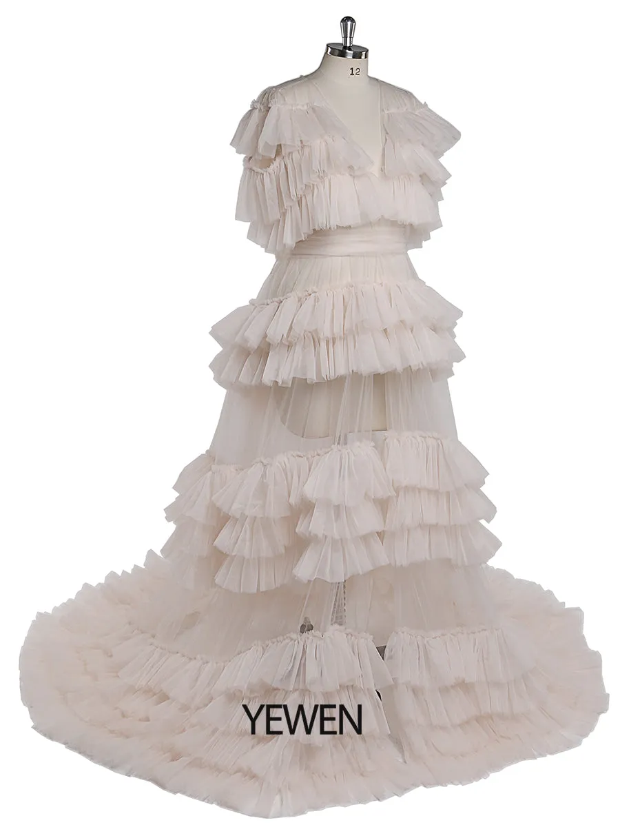 Ruffles Evening Dresses V Neck Short Sleeves Sexy Maternity Photography Gown Tulle Prom Dress YEWEN