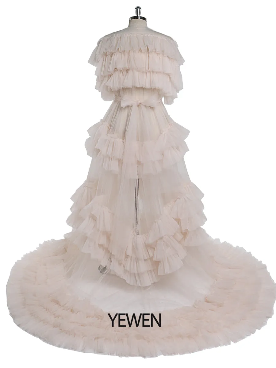 Ruffles Evening Dresses V Neck Short Sleeves Sexy Maternity Photography Gown Tulle Prom Dress YEWEN