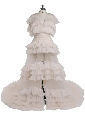 Ruffles Evening Dresses V Neck Short Sleeves Sexy Maternity Photography Gown Tulle Prom Dress YEWEN