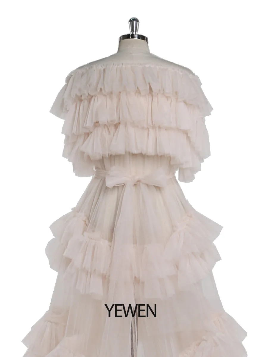 Ruffles Evening Dresses V Neck Short Sleeves Sexy Maternity Photography Gown Tulle Prom Dress YEWEN