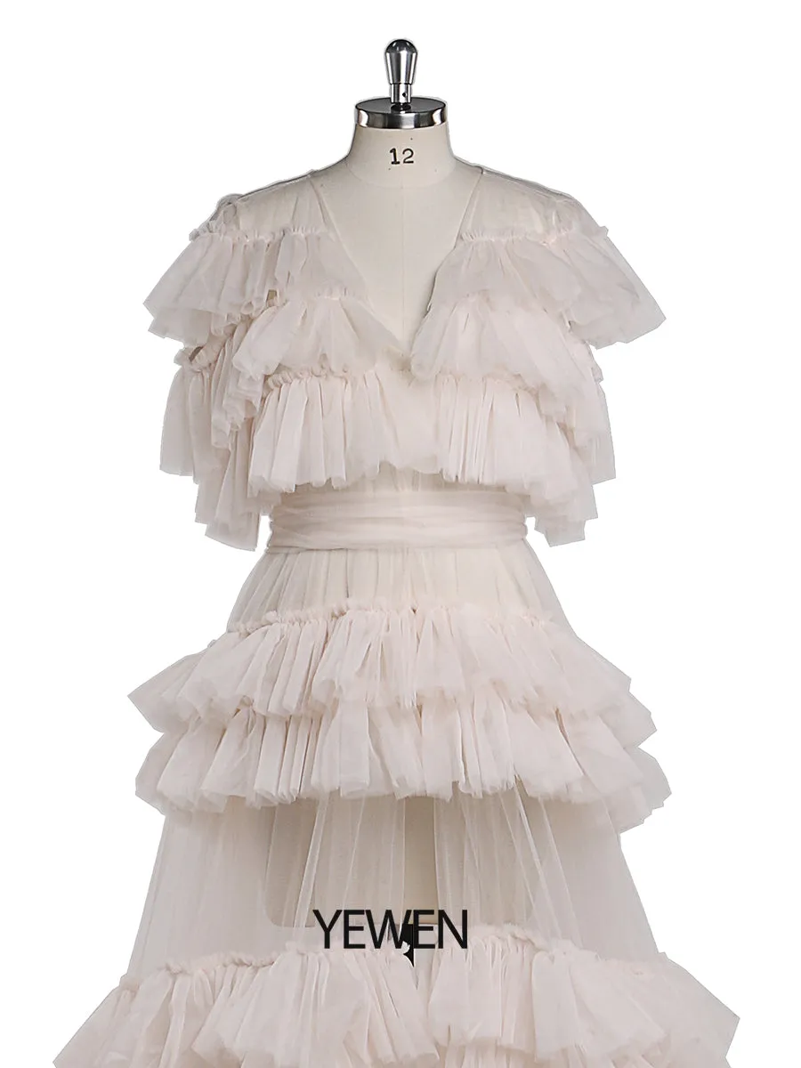 Ruffles Evening Dresses V Neck Short Sleeves Sexy Maternity Photography Gown Tulle Prom Dress YEWEN