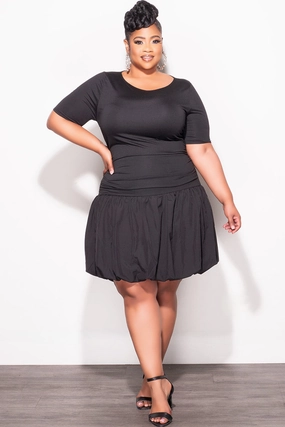 Relaxed Cut No Ride Fit Final Sale Plus Size Bubble Dress with Ruched sides in Black