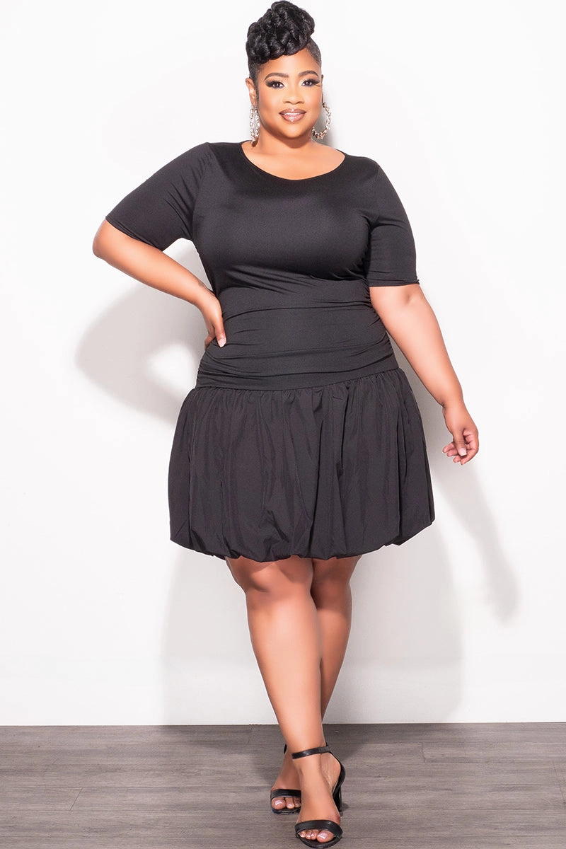 Relaxed Cut No Ride Fit Final Sale Plus Size Bubble Dress with Ruched sides in Black