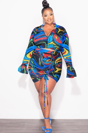 Final Sale Plus Size 3pc Set Bikini Top Poolside Playsuit with Jacket in Blue Multi-Color Print Roomy Shape EasyCareFabric
