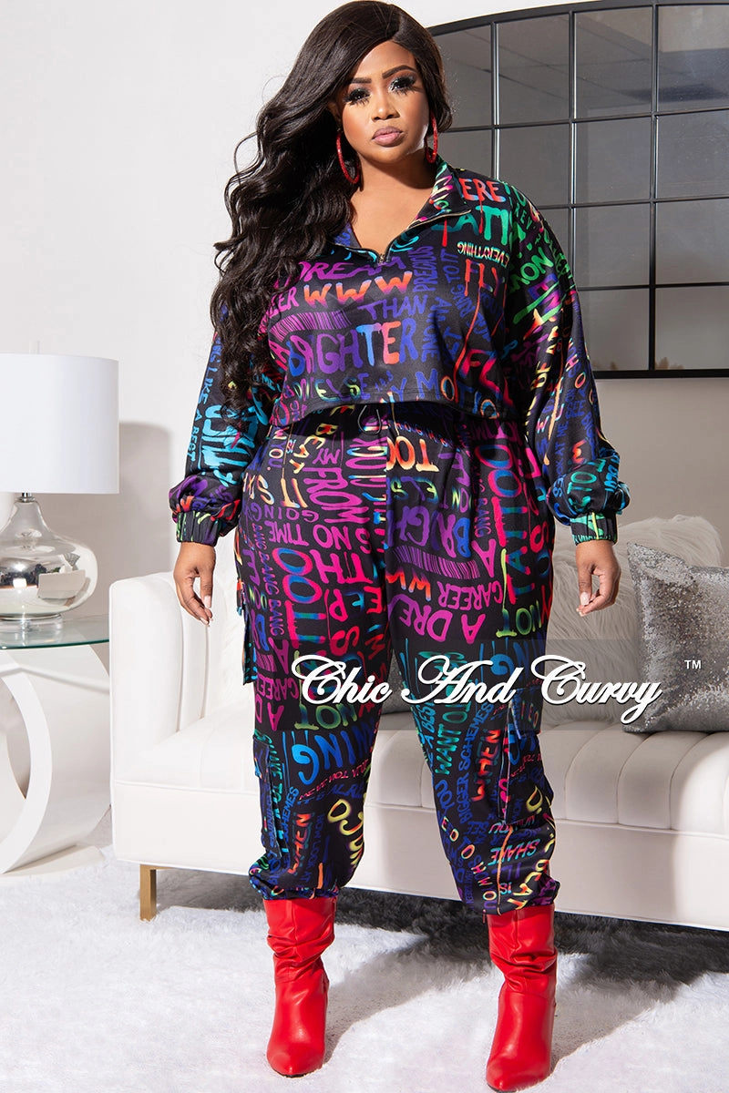Final Sale Plus Size Jogging Set in Multi Color Print Comfy Waistband Smart Look