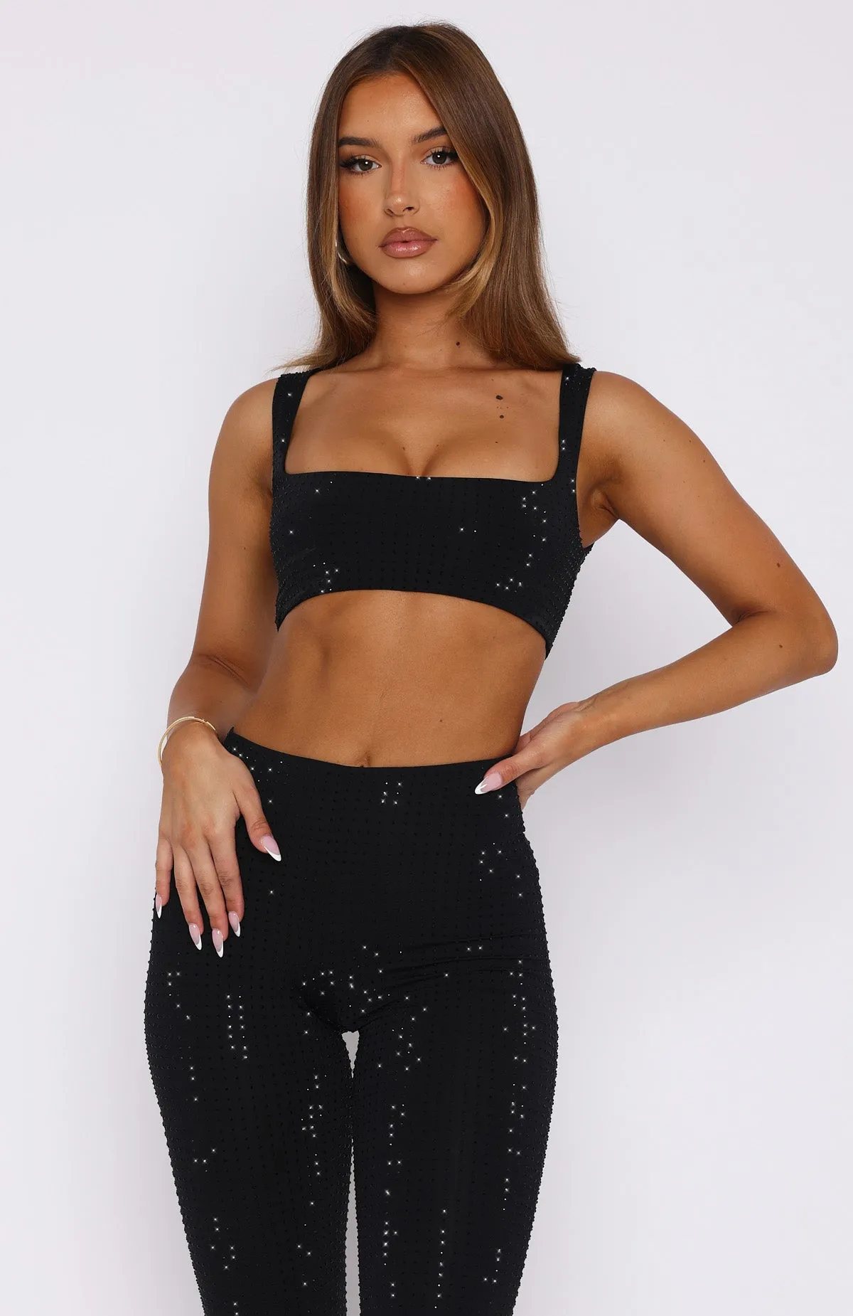 Running Late Embellished Crop Black High Waist Sleek Detail