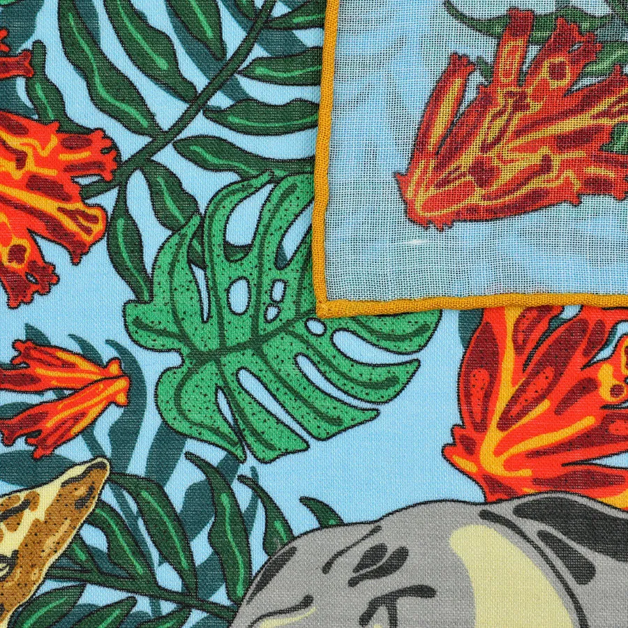 Safari Motif Wool / Silk Pocket Square - Sky Blue - 40x40cm