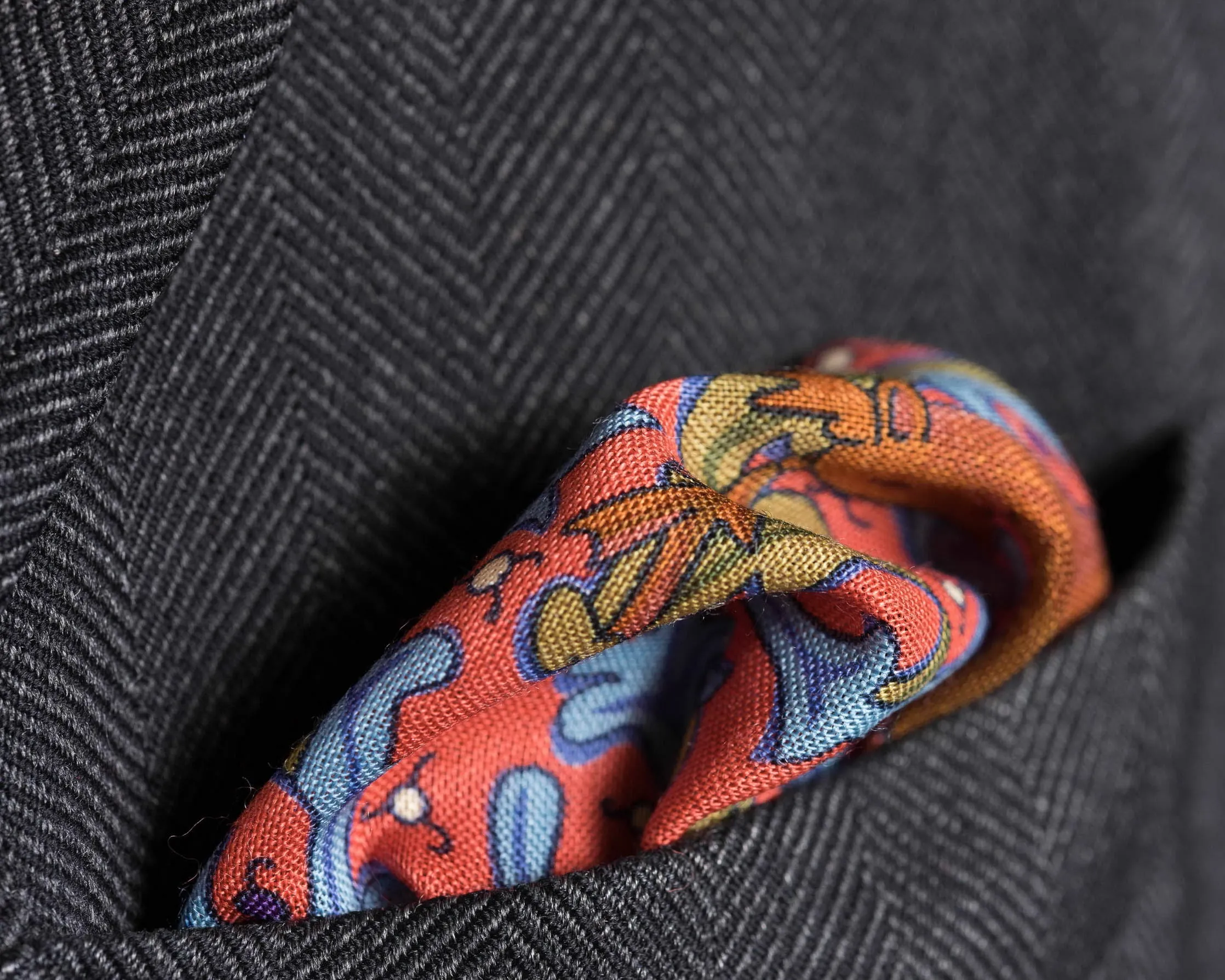 Salmon Pink Hunting Motif Silk-Wool Pocket Square