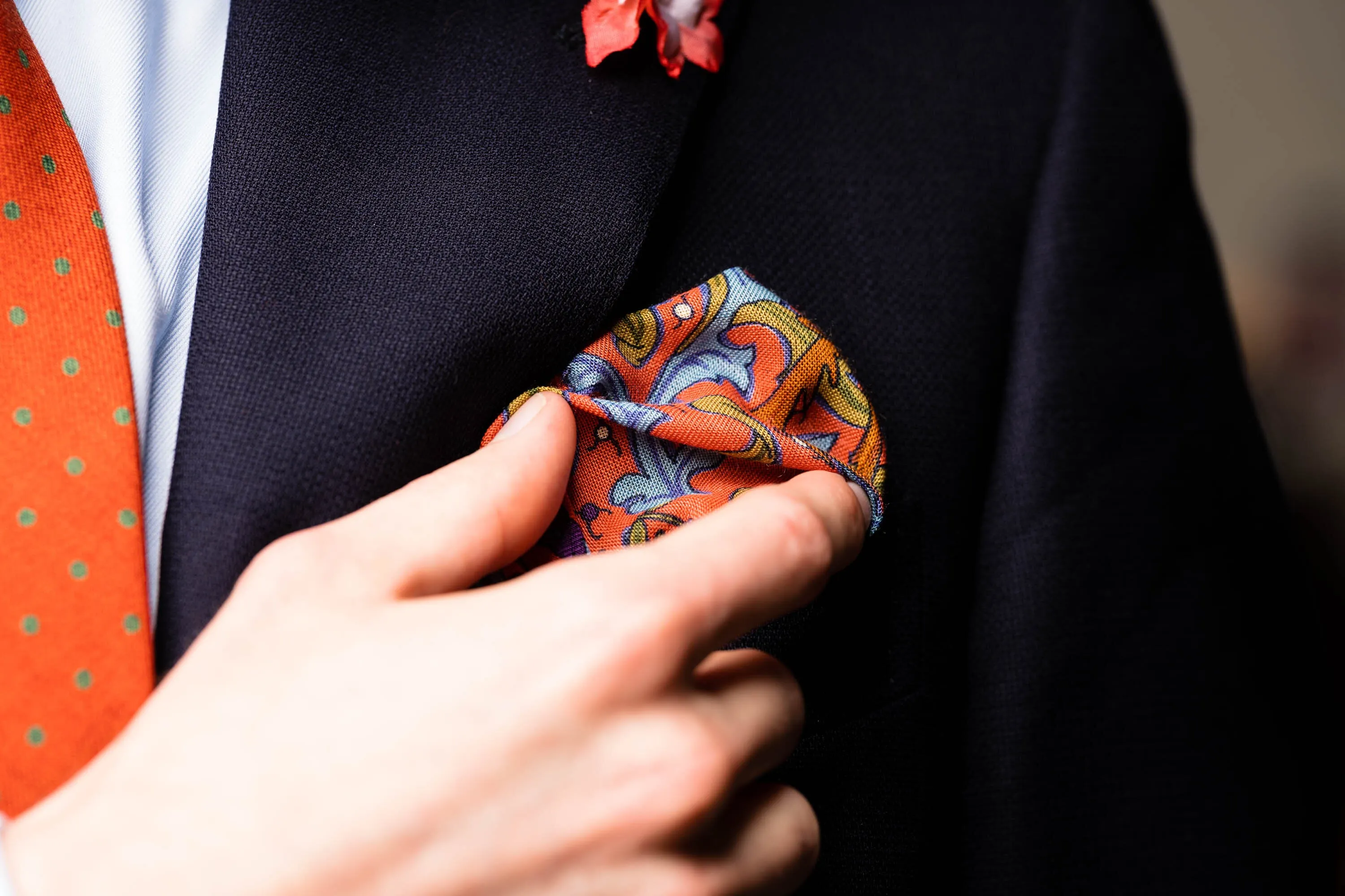 Salmon Pink Hunting Motif Silk-Wool Pocket Square