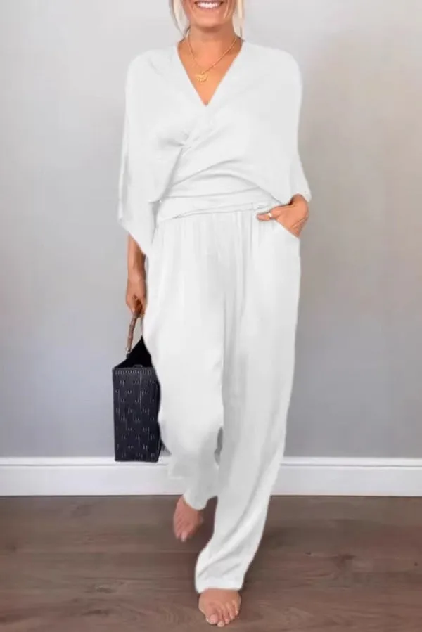 Satin Solid Color V-neck Crossover Top and Loose Pocket Pants Set