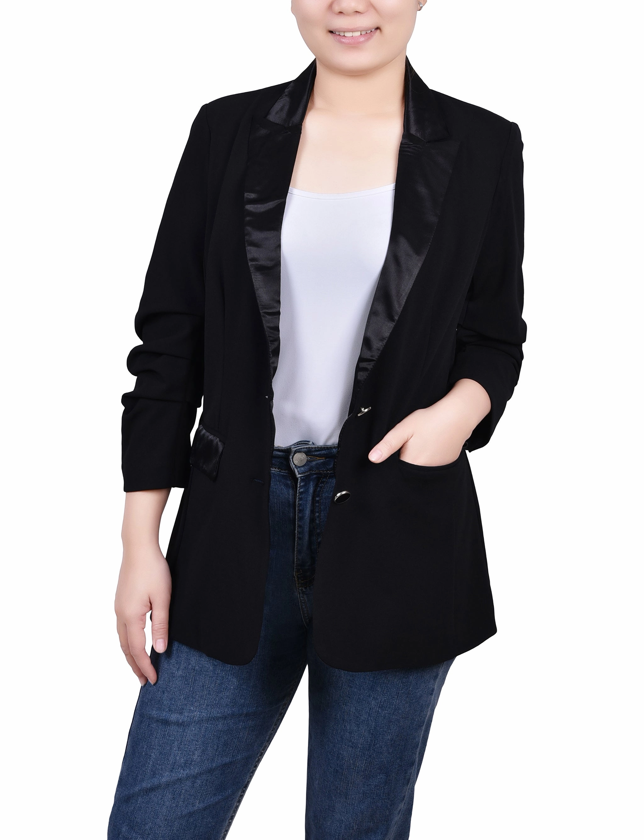 Adjustable Fit System Ergonomic Shoulder Shape Satin Lapel Scuba Crepe Jacket