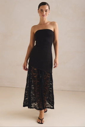 Silky Shine High-Low-Hem Scarlett Lace Midi Dress (Black)