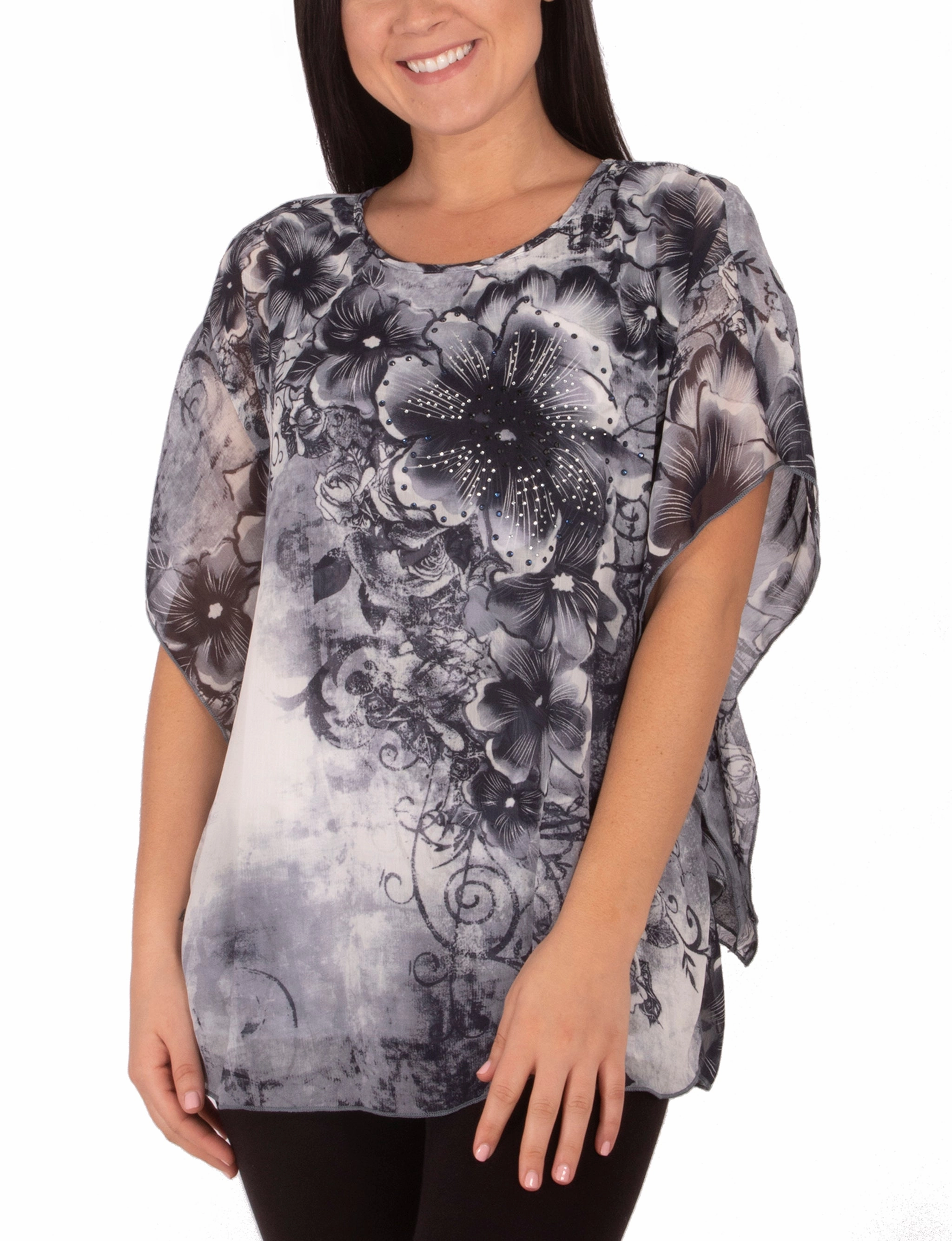 ReinforcedShoulders Scoop Neck Poncho With Rhinestones