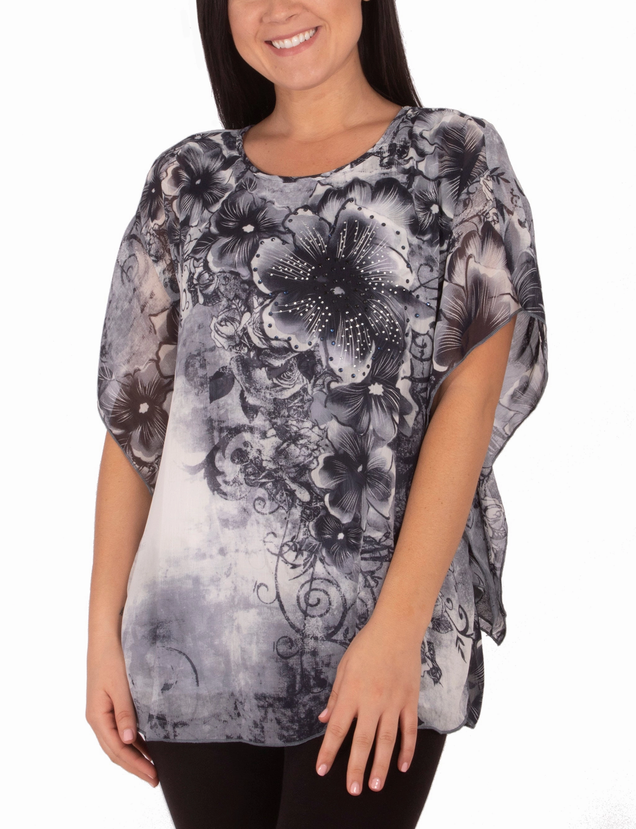 Adaptive Fit Technology Sustainable Manufacturing Scoop Neck Poncho With Rhinestones