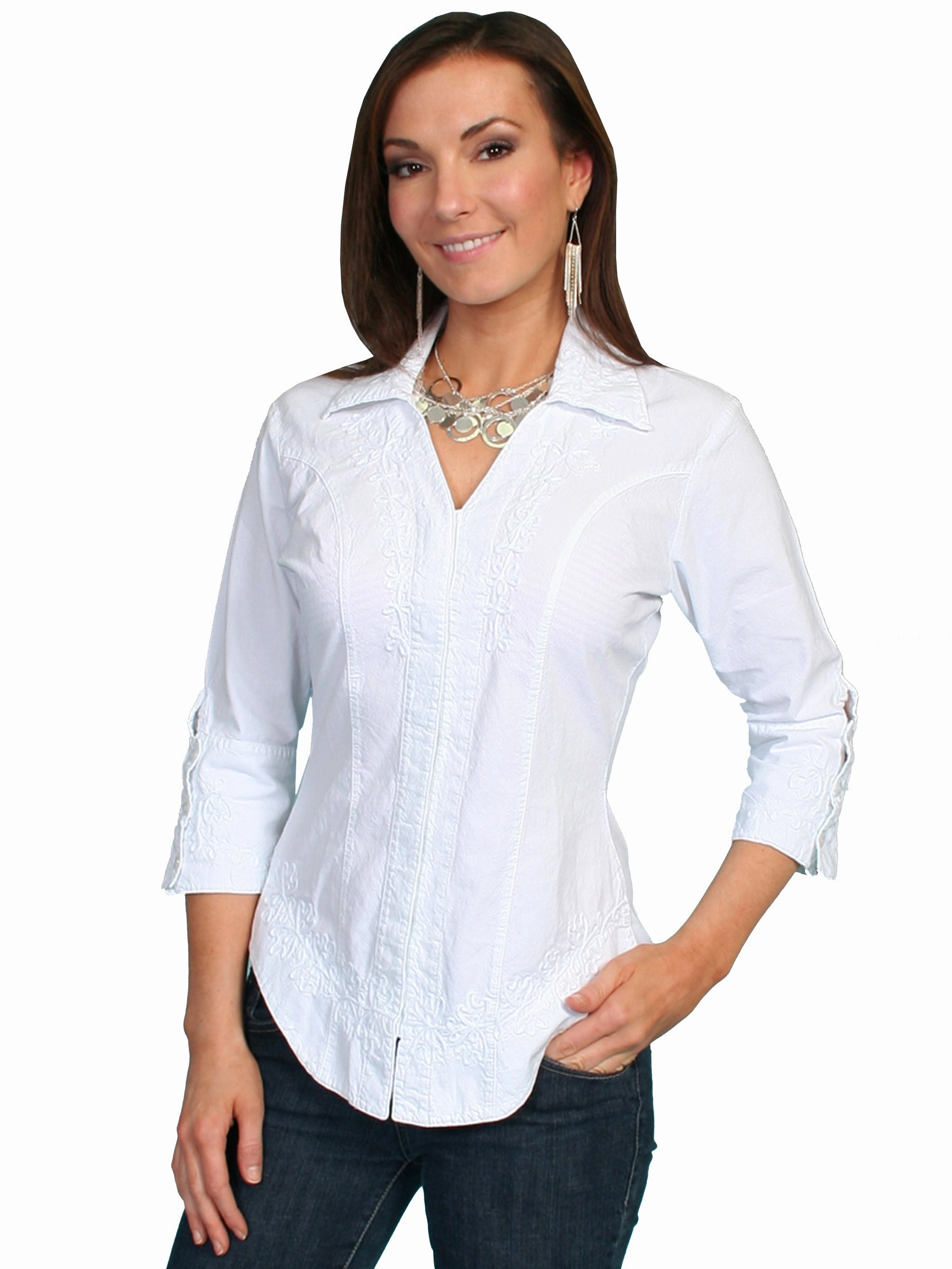 Scully Cantina Collection Blouse White 100% Cotton Floral 3/4 Sleeve L birthday celebration Lightweight texture