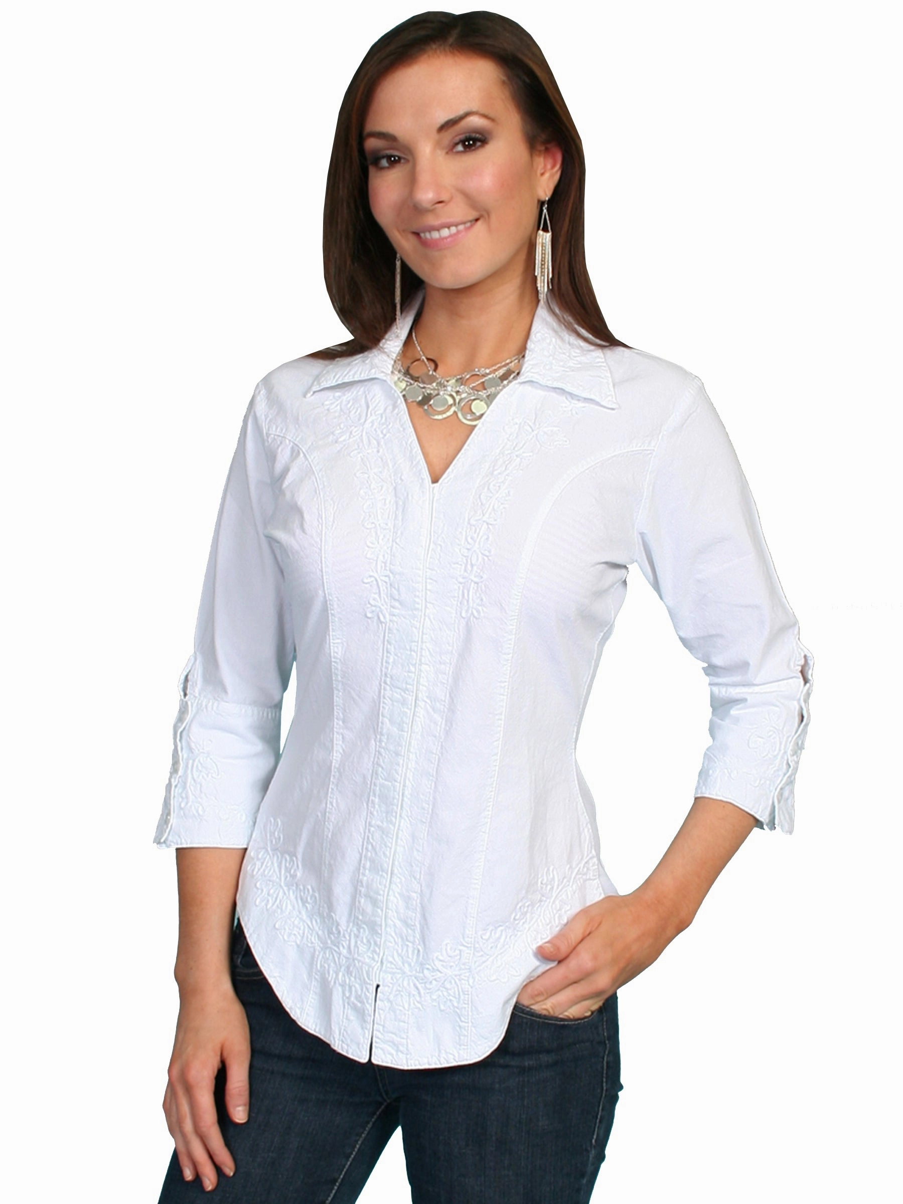 Scully Cantina Collection Blouse White 100% Cotton Floral 3/4 Sleeve L sporty wear