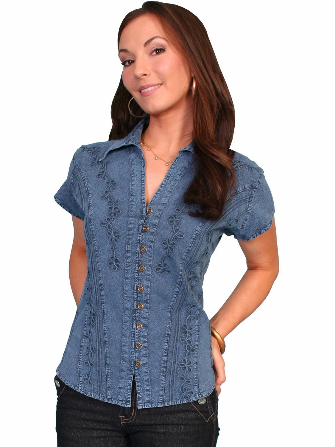 Double Stitched Hems Chic Comfort Scully Cantina Womens Dark Blue 100% Cotton Cap Sleeve Vine Blouse