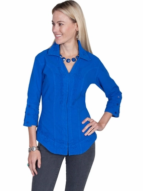 Scully Cantina Womens Dazzling Blue 100% Cotton 3/4S Peek A Boo Blouse Stylish Detail