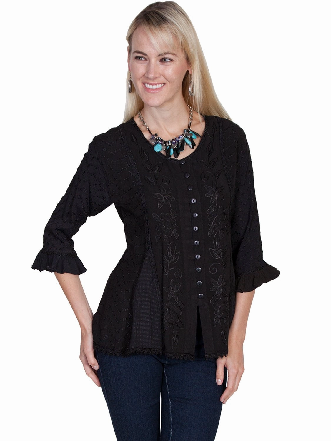 Bold colors Scully Honey Creek Womens Black 100% Rayon 3/4 Sleeve Fabric Blouse