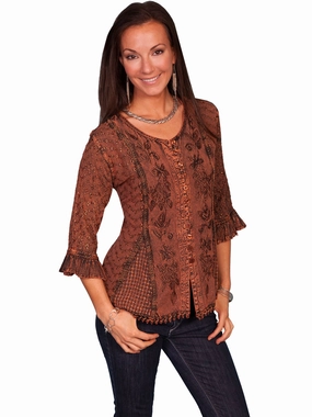 Smooth Texture Scully Honey Creek Womens Blouse Copper 100% Rayon Embroidered 3/4 Sleeve