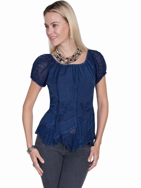 Scully Honey Creek Womens Blue 100% Rayon S/S Multi-Fabric Blouse Pure Cotton high-low hem