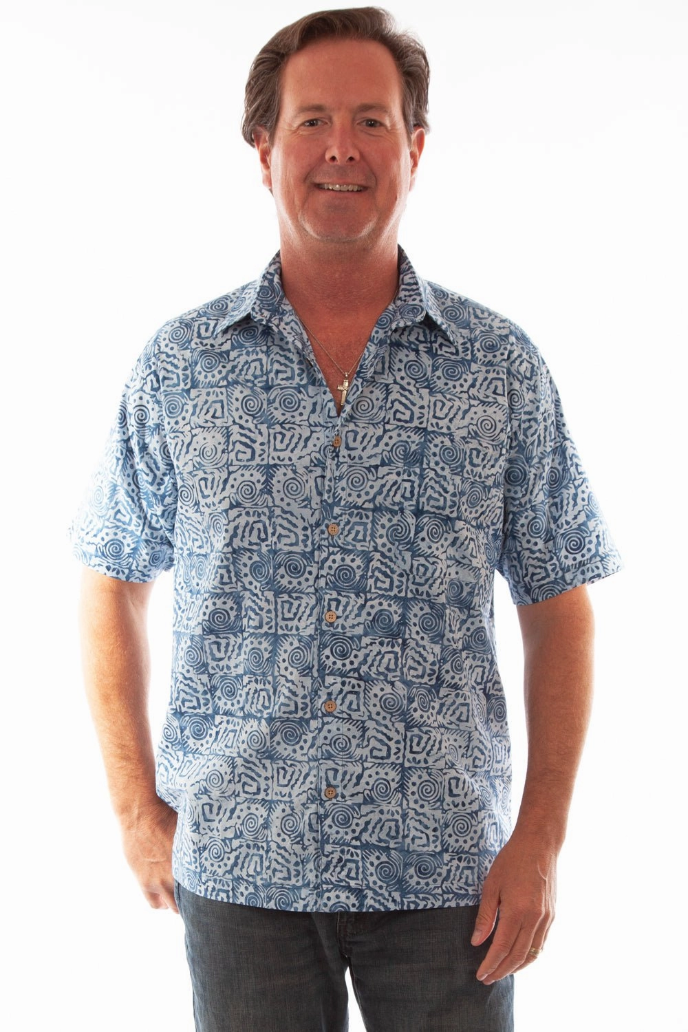 Scully Mens Batik Box Light Blue 100% Cotton S/S Shirt No Slip Shoulder Grip Button Down Design