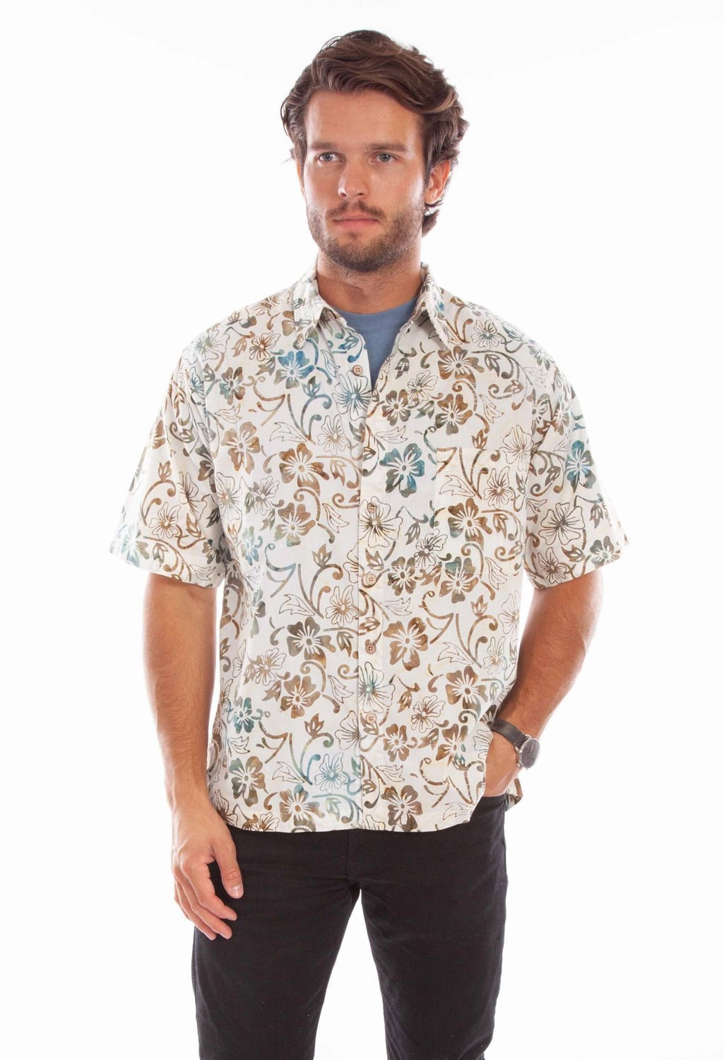 Mountain Retreat Scully Mens Batik Floral Natural 100% Cotton S/S Shirt