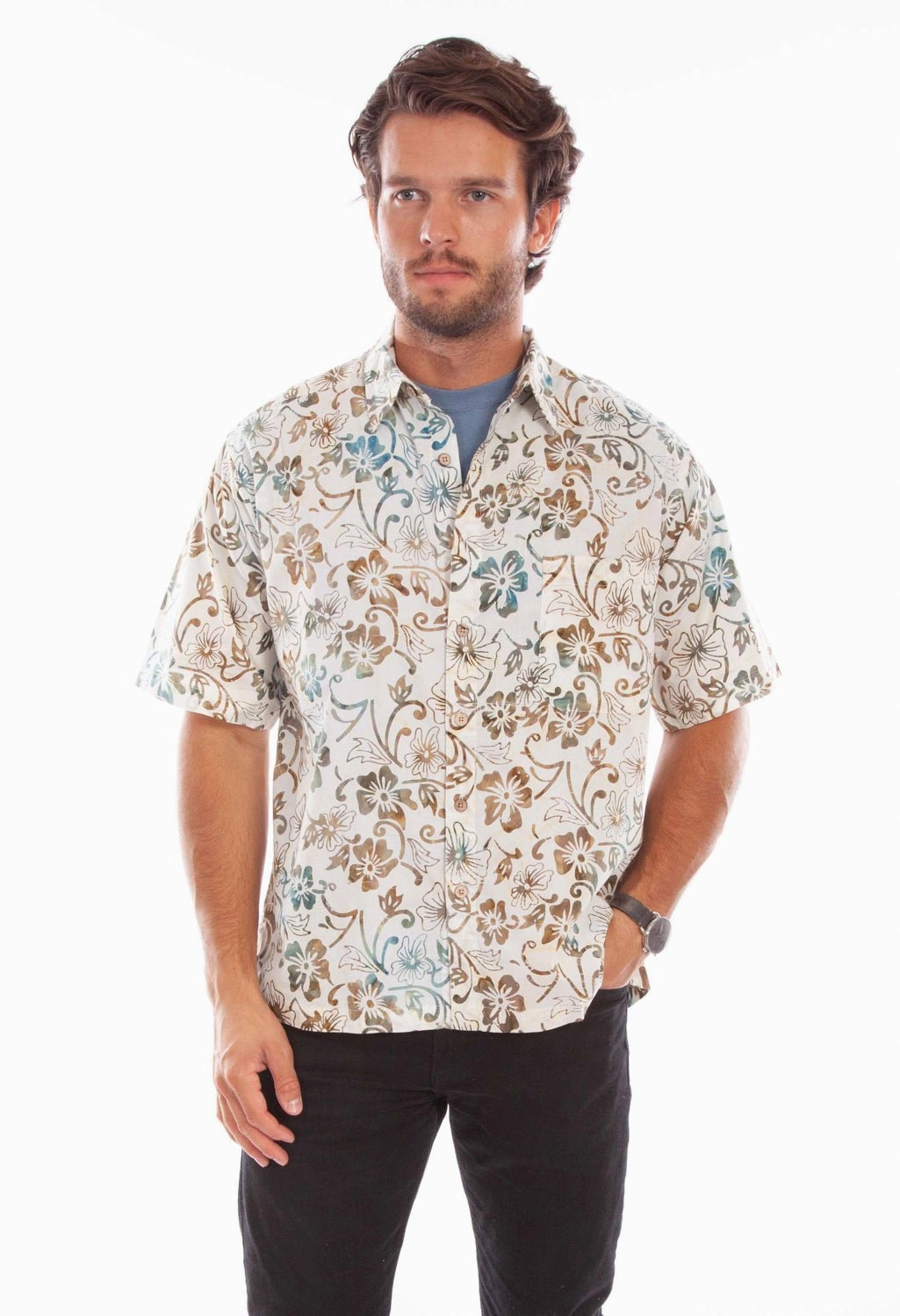 Reinforced Hems Scully Mens Batik Floral Natural 100% Cotton S/S Shirt