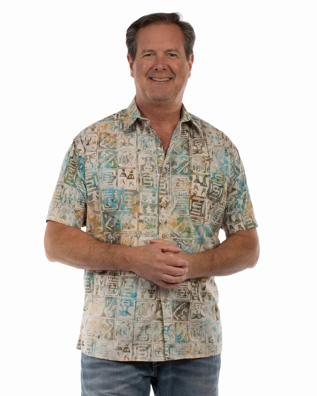 Scully Mens Batik Tiles Tan Multi 100% Cotton S/S Shirt Non Restrictive Armhole Winter Comfort