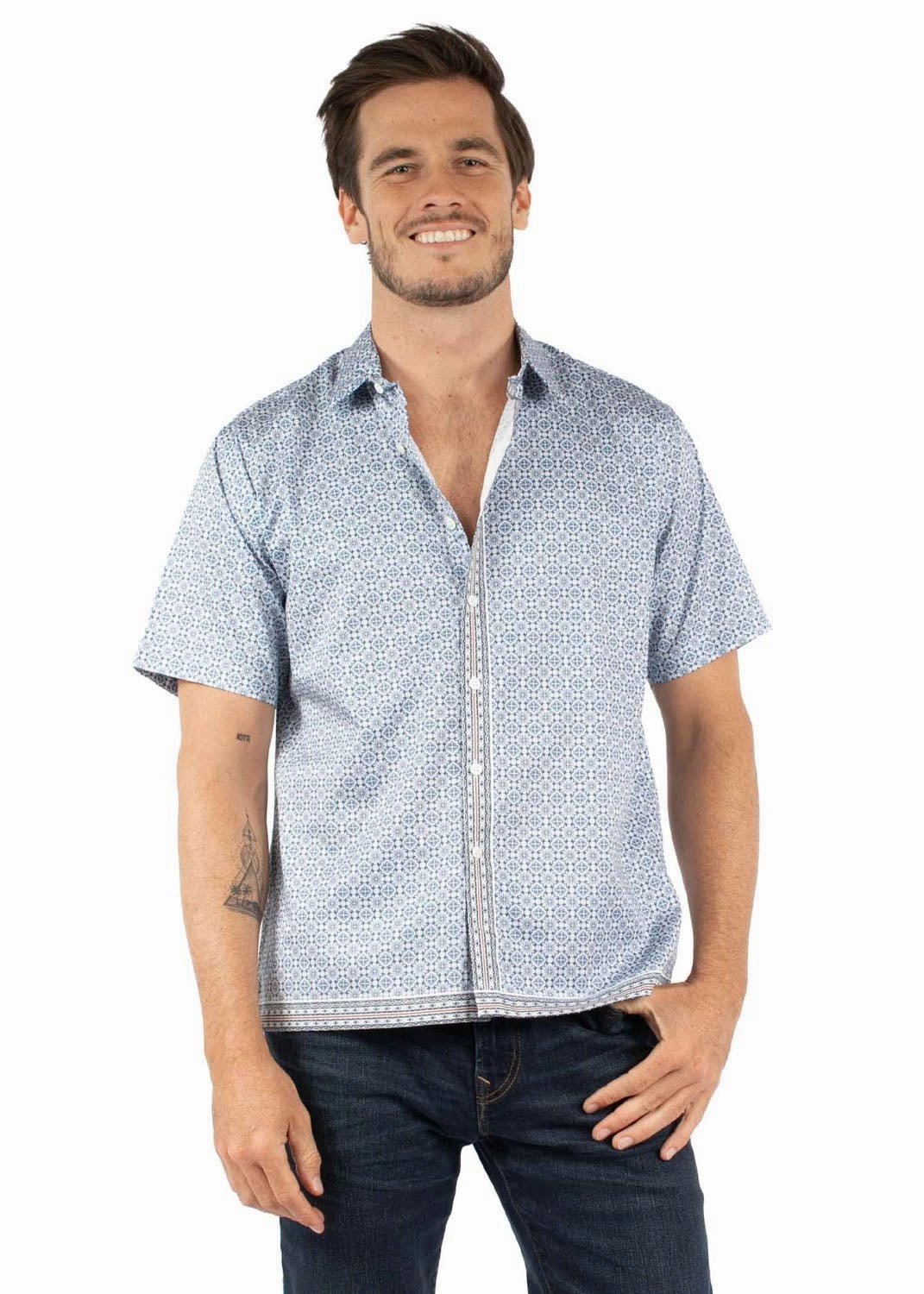 Standalone Option Snag Resistant Fabric Scully Mens Geometric Button Placket Blue 100% Cotton S/S Shirt