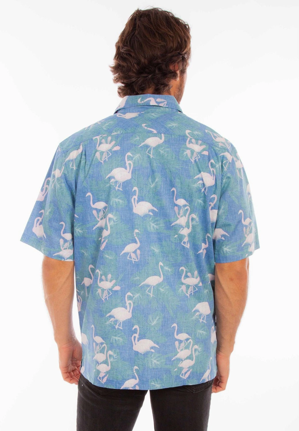 natural fiber Scully Mens Hawaiian Flamingo Capri Blue 100% Cotton S/S Shirt