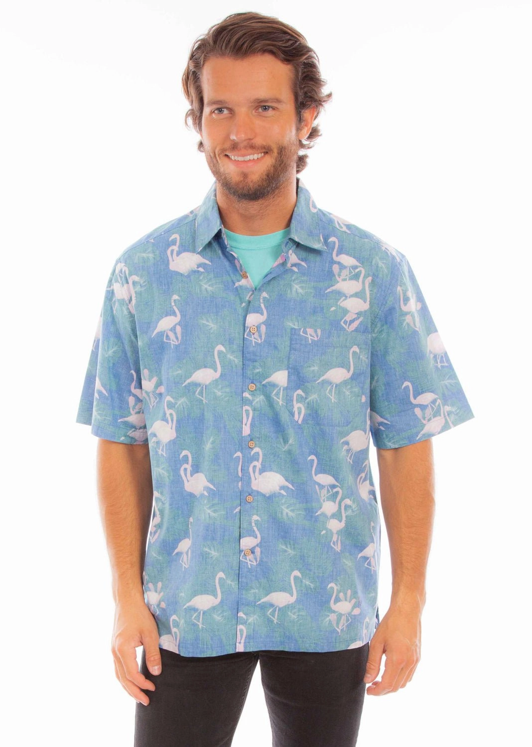 Weekend Vibes Seamless Sides Scully Mens Hawaiian Flamingo Capri Blue 100% Cotton S/S Shirt