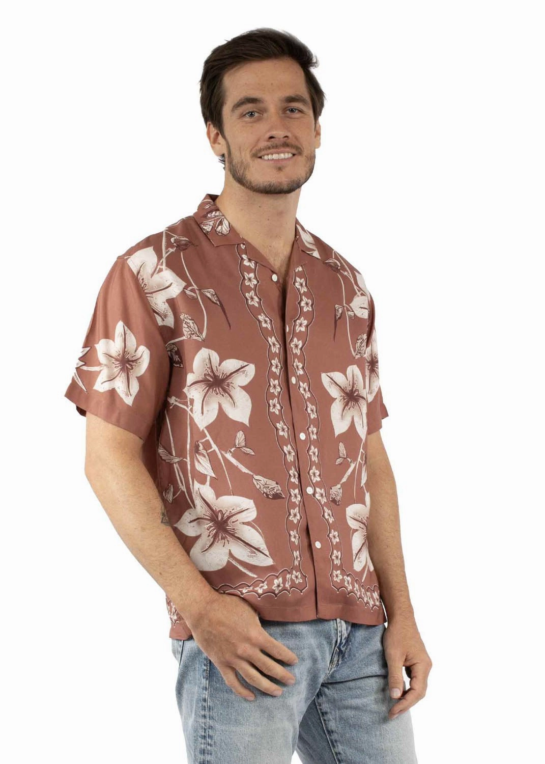Scully Mens Hawaiian Orchid Print Brown 100% Viscose S/S Shirt Camping Essential Chill Layer