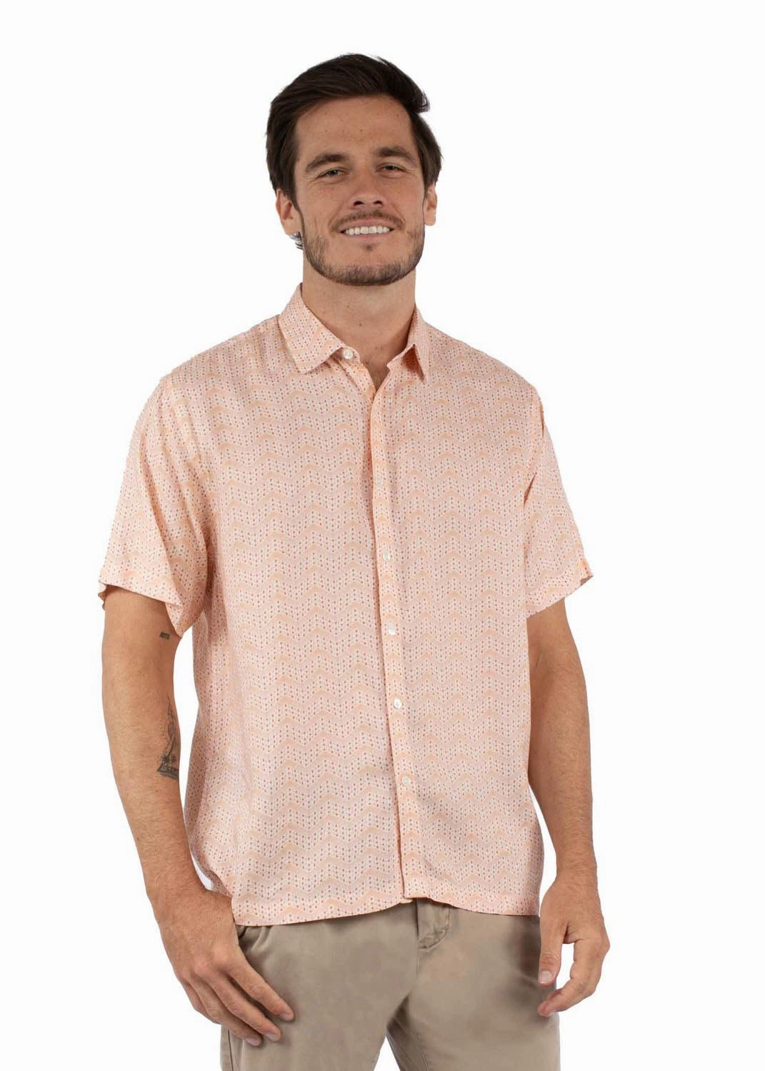 Hooded Option Scully Mens Scalloped Button Front Peach 100% Viscose S/S Shirt