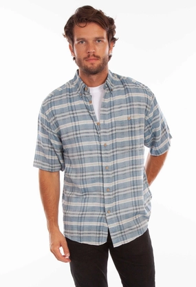 Non Irritating Tags Scully Mens Worn Outs Plaid Blue 100% Cotton S/S Shirt