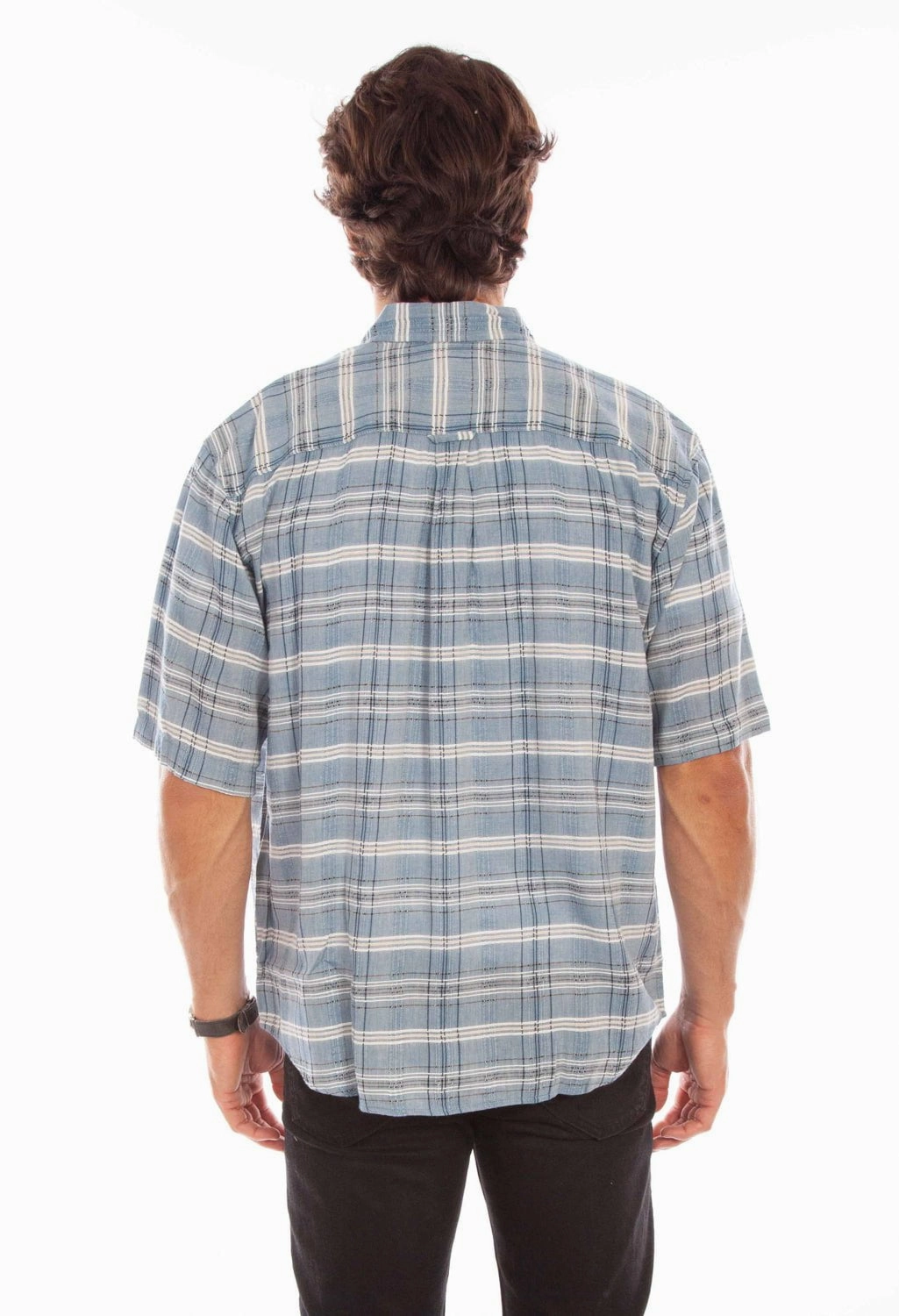 Scully Mens Worn Outs Plaid Blue 100% Cotton S/S Shirt Ombre look Casual Design