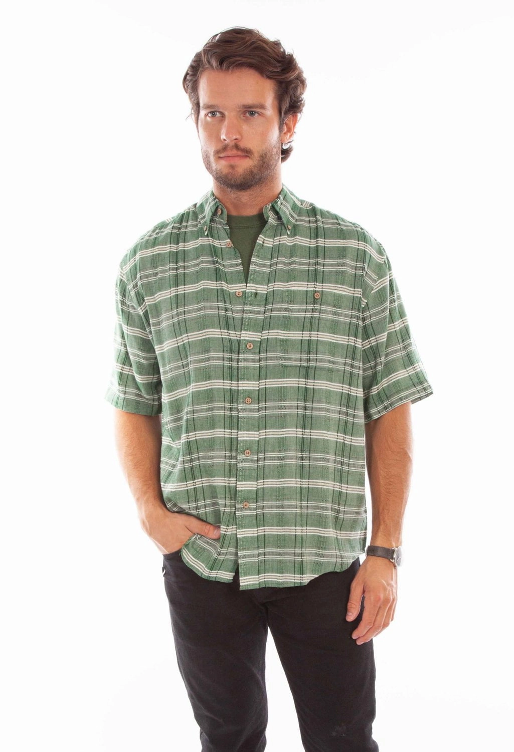 Scully Mens Worn Outs Plaid Green 100% Cotton S/S Shirt garden party