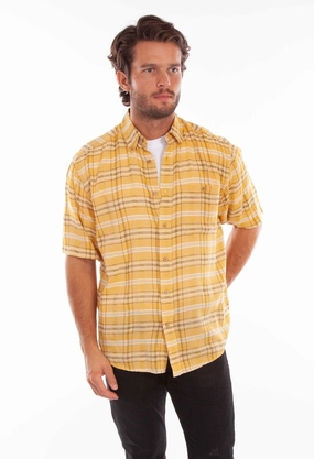 Scully Mens Worn Outs Plaid Yellow 100% Cotton S/S Shirt Sleek Style
