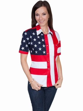 High-End Look Scully RangeWear Womens Red 100% Cotton American Flag S/S Western Shirt