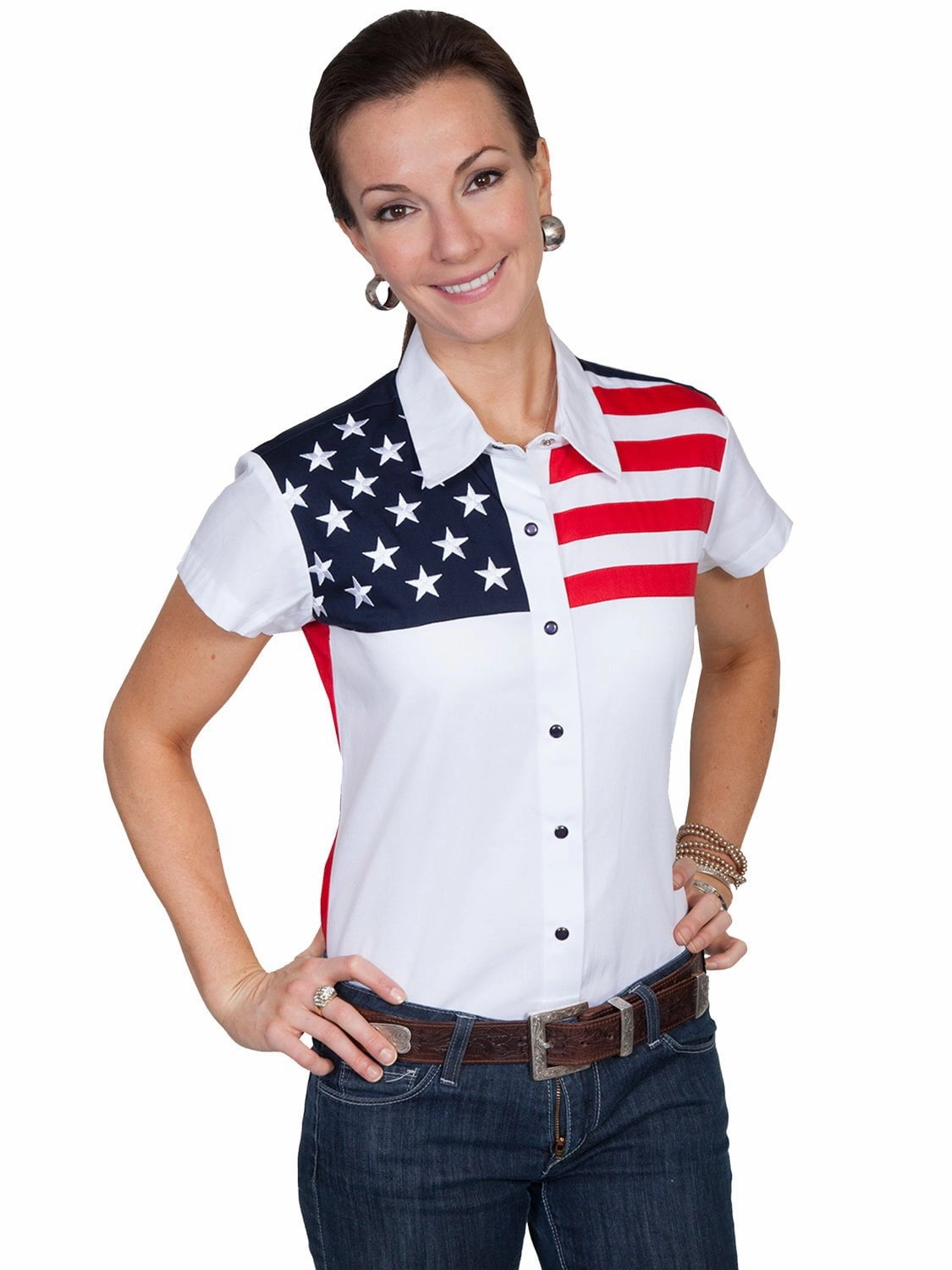Scully Western Womens White 100% Cotton S/S USA Flag Western Shirt Edgy Fashion