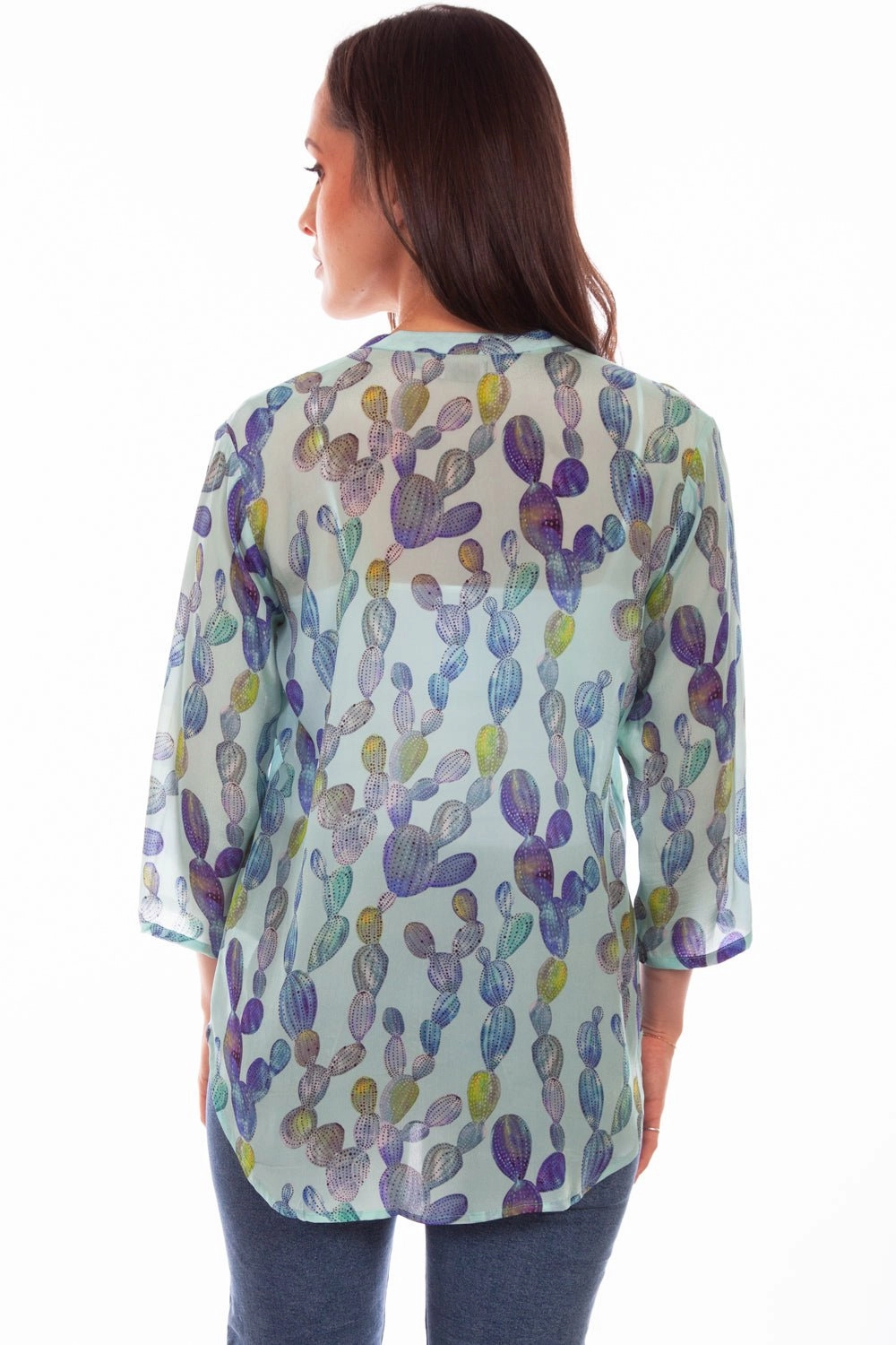 Hidden Button Placket Animal Print Scully Womens Aqua Rayon Cactus S/S Blouse