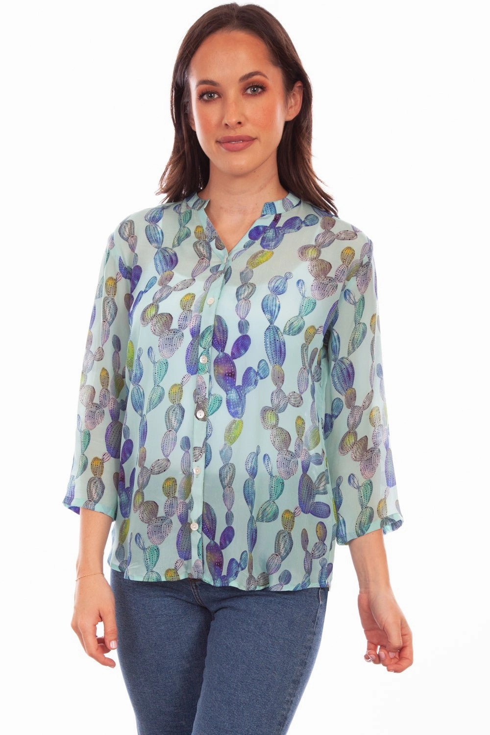 Scully Womens Aqua Rayon Cactus S/S Blouse Durable Quality Sweat-Absorbing