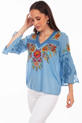 Scully Womens Blue Multi 100% Cotton Detailed Floral S/S Blouse Subtle Details