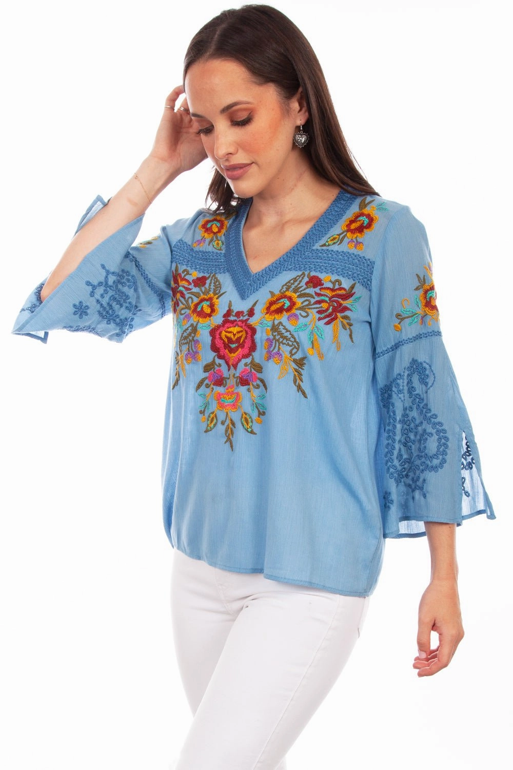 Scully Womens Blue Multi 100% Cotton Detailed Floral S/S Blouse Subtle Details