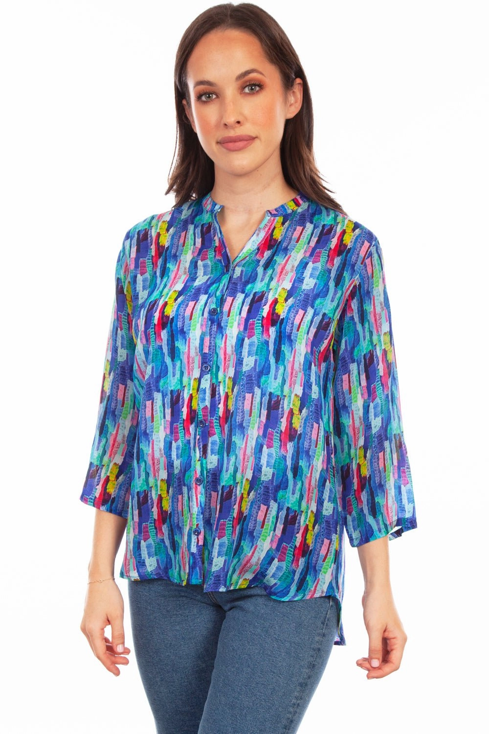 All Day Comfort Tech Teen Fashion Scully Womens Blue Multi Rayon Dazzling S/S Blouse