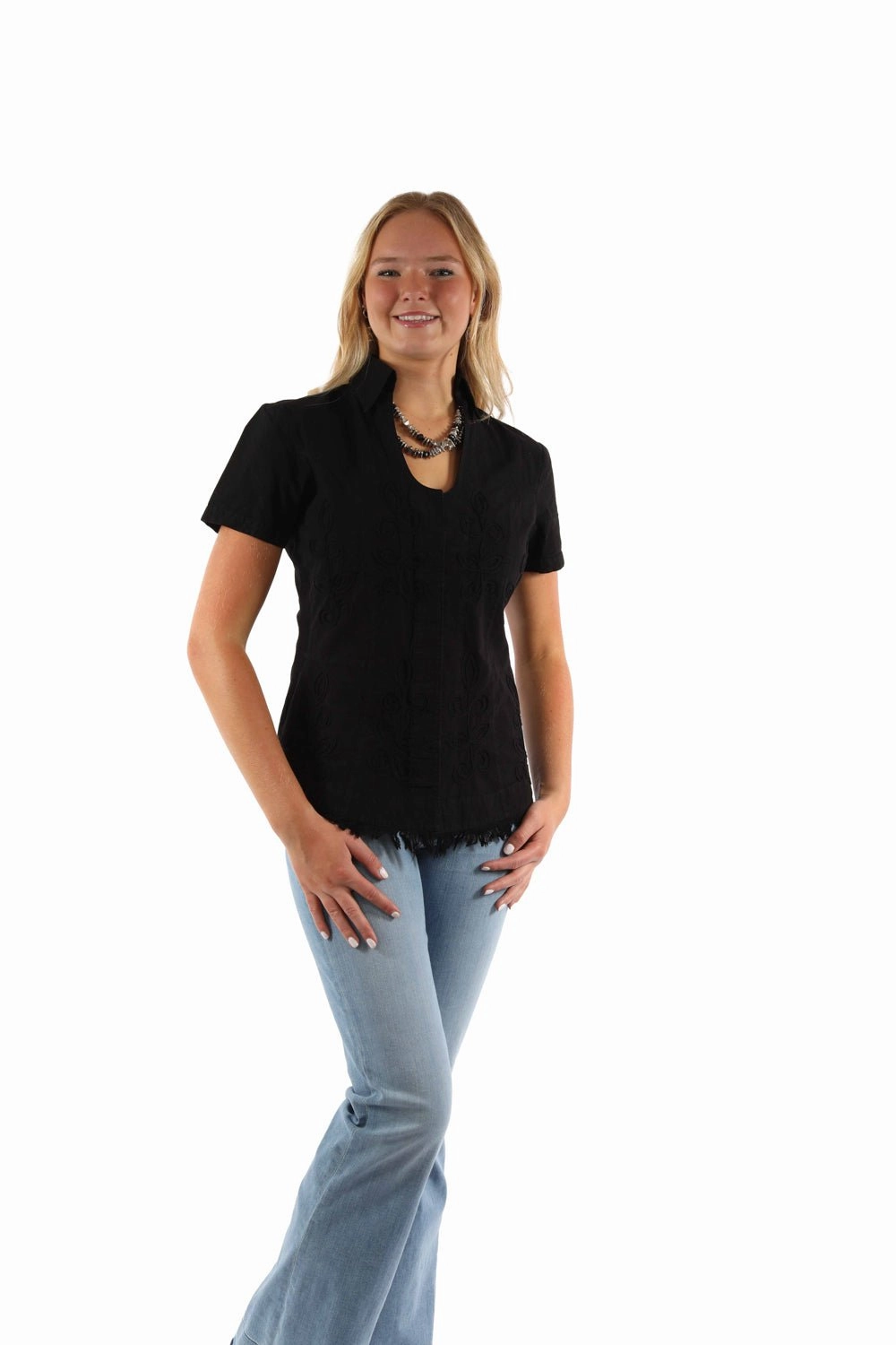 Micro Perforated Texture Scully Womens Cantina Soutach Black 100% Cotton S/S Blouse