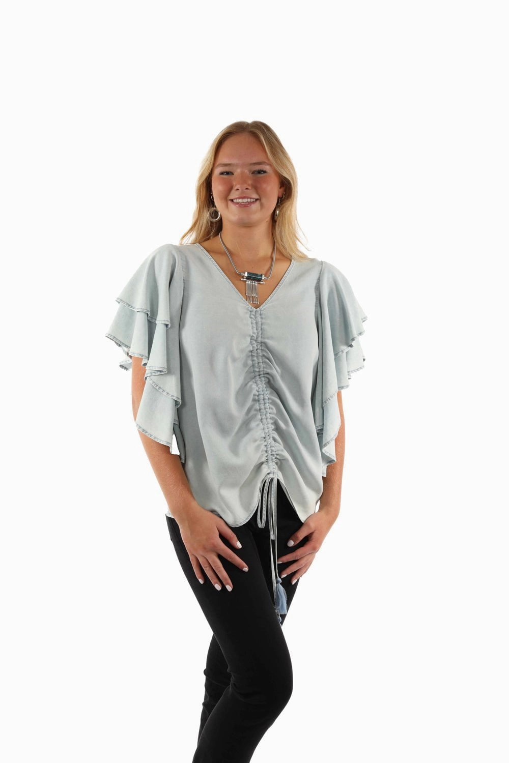 Scully Womens Cinche Front Light Blue Lyocell S/S Tunic Active Layer