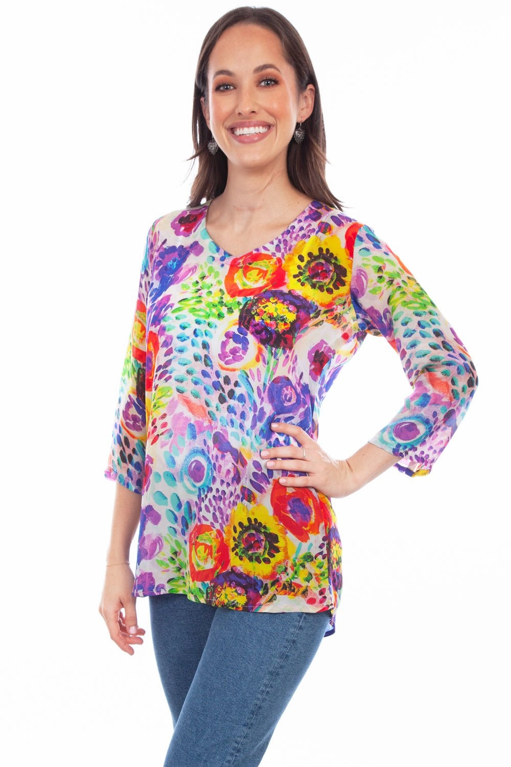 Scully Womens Lavish Blossoms Multi-Color Rayon S/S Tunic Layered Look