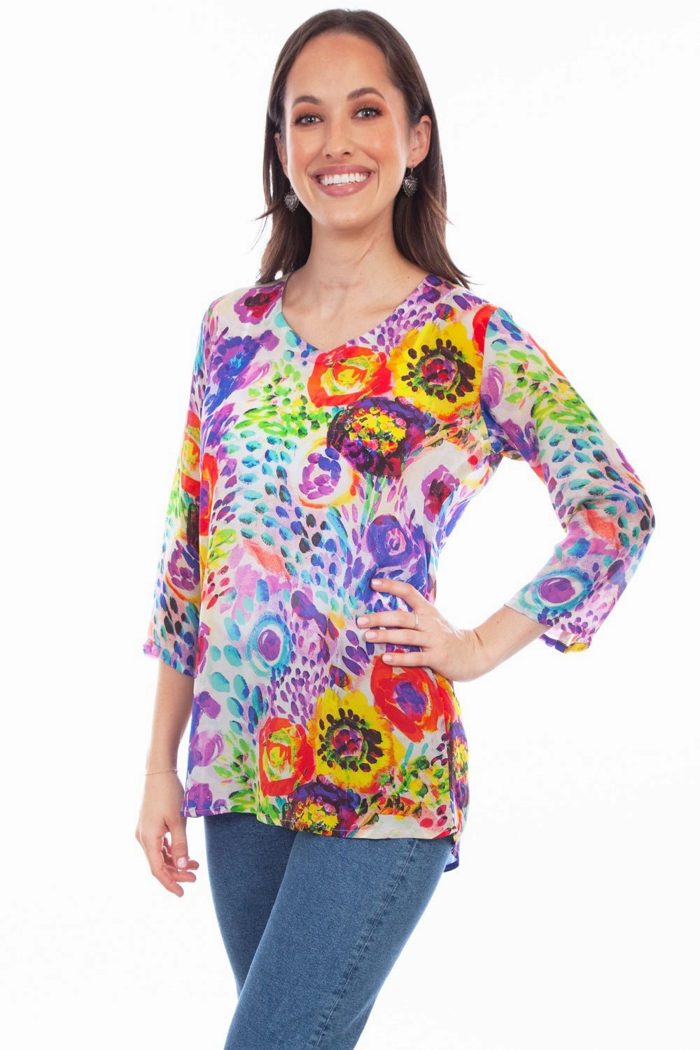 Non Iron Scully Womens Lavish Blossoms Multi-Color Rayon S/S Tunic